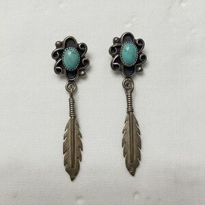 Sterling Turquoise Feather Drop Earrings Southwestern Boho Dangle Vintage Style